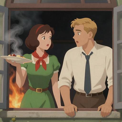 Vintage Window Scene: Surprise Amid Flames