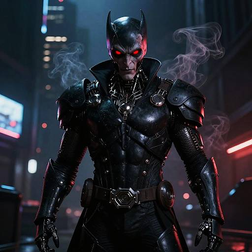 Photorealistic CGI of a muscular Batman in dark, glossy armor with glowing red eyes and smoke, standing in a neon-lit, foggy city