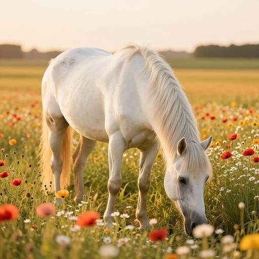Photograph of a white horse with a flowing mane grazing in a sunlit field of vibrant red and yellow poppies and white wildflowers.