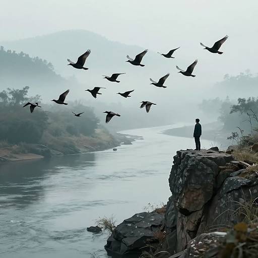 Graceful Birds Over Serene River Valley