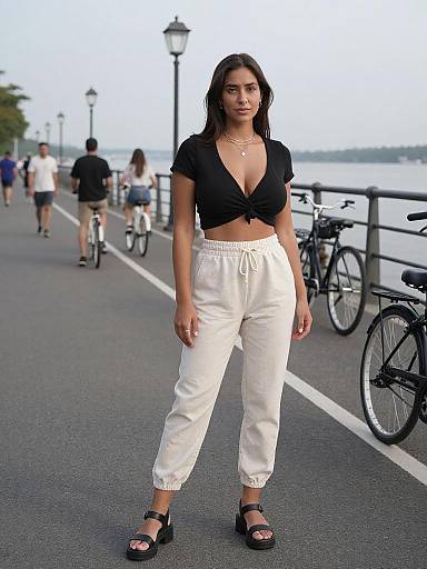 Photograph of a confident woman with long dark hair, wearing a black tied-top, white pants, and black sandals, standing on a waterfront path with