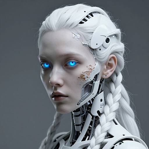 Digital CGI of a pale-skinned, cybernetic woman with white braided hair, glowing blue eyes, and exposed mechanical parts on her face and