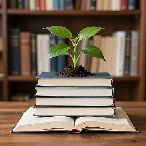Books and Plant on Wooden Table