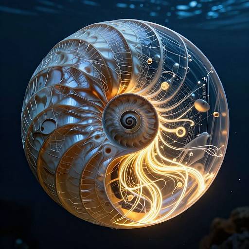 Digital CGI of a bioluminescent, spiral-shelled jellyfish with glowing orange and blue patterns, floating in a dark, underwater environment.
