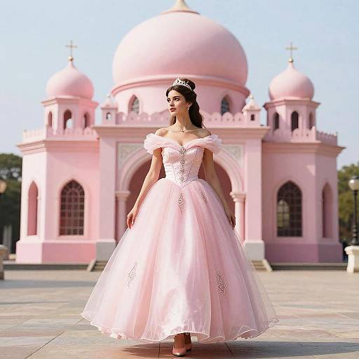 Woman in Pink Ball Gown in Front of Pink Building