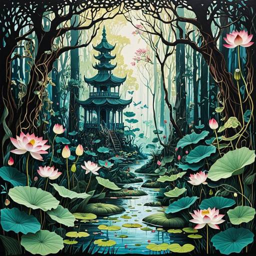 Enchanted Forest with Lotus Flowers and Pavilion