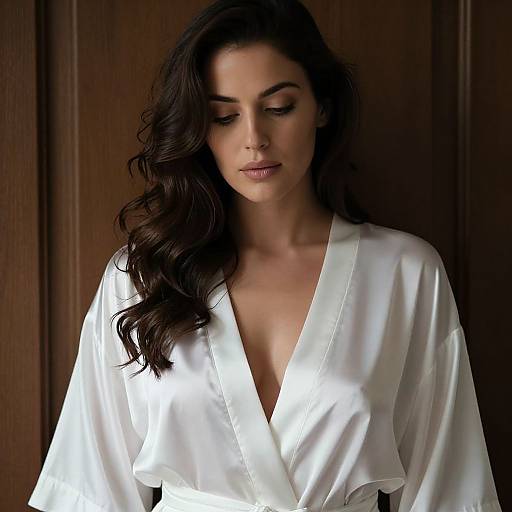 Photograph of a beautiful woman with long, wavy dark hair, wearing a silky, white V-neck robe, standing against a dark wooden background,