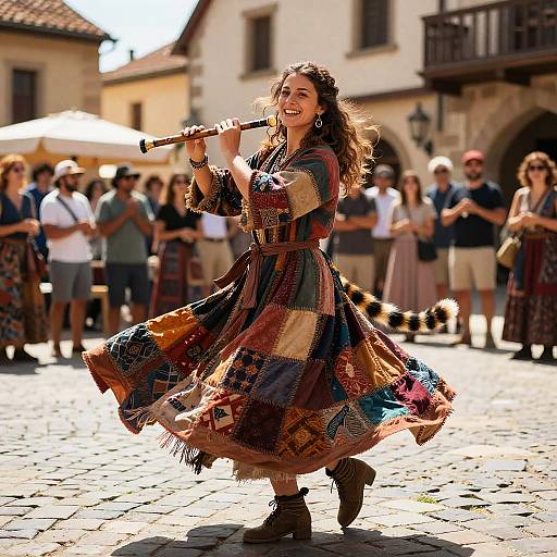 Photograph of a smiling woman with curly brown hair, wearing a colorful patchwork dress, dancing in a sunlit, cobblestone village square,