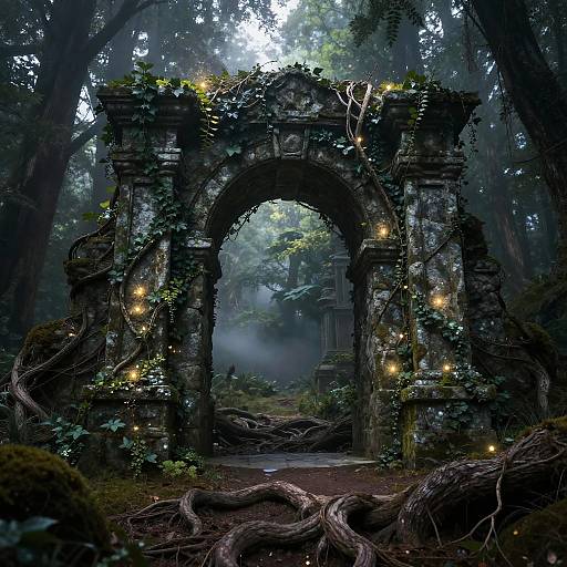 Photorealistic CGI of an ancient, moss-covered stone archway in a misty forest, adorned with twinkling fairy lights and vines, with roots