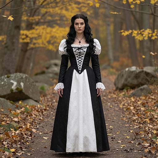 Woman in Black and White Fantasy Dress in Autumn Forest