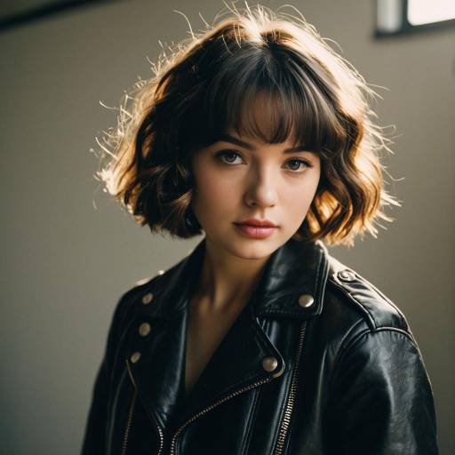 Young woman with wavy bob hairstyle in leather jacket