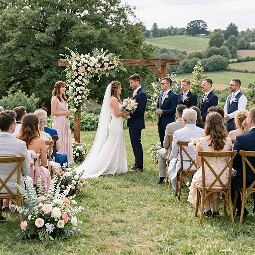 Photograph of an outdoor wedding ceremony with a bride in white gown, groom in navy suit, surrounded by floral arch, guests seated on wooden chairs,