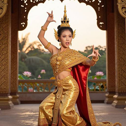 Photograph of an Asian dancer in ornate gold and red traditional attire, performing a dramatic pose in an ornate, carved wooden pavilion at sunset