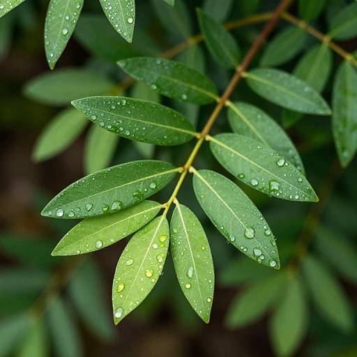 Close-up photograph of vibrant green leaves covered in water droplets, with a shallow depth of field, showing detailed texture and natural light.