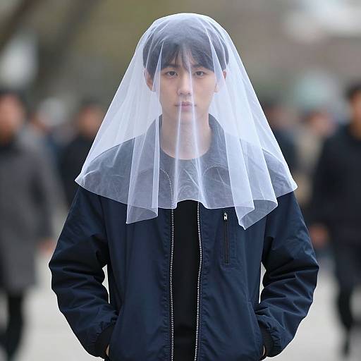 Photograph of an East Asian person with short black hair wearing a black jacket and translucent veil, standing in a blurred, outdoor urban setting with people in