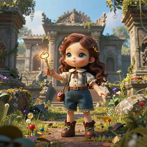 Photorealistic CGI of a cute, big-eyed girl with brown hair, wearing a white blouse, denim shorts, brown boots, holding a glowing heart