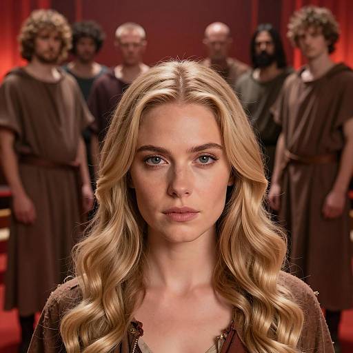 Blonde Woman Surrounded by Mysterious Men