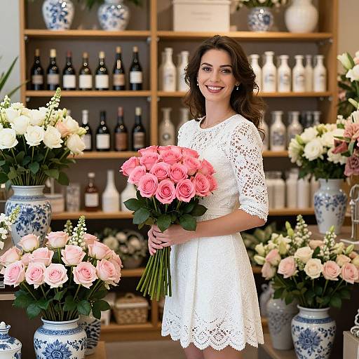 Photograph of a smiling brunette woman in a white lace dress holding a pink rose bouquet, standing in a floral and wine shop.
