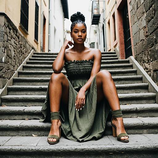 Woman in Olive Green Dress Sitting on Stone Stairs