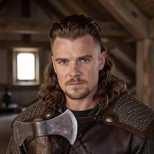 Photograph of a serious, blue-eyed, bearded man with long brown hair, wearing medieval armor and a large axe, in a dimly lit