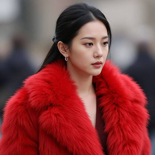 Photograph of an East Asian woman with long black hair, wearing a vibrant red fur coat, gold earrings, and neutral makeup, standing outdoors with a