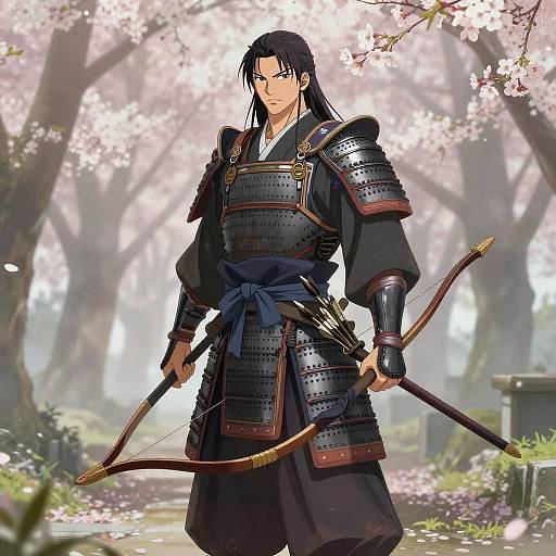 Anime Samurai in Misty Cherry Blossoms