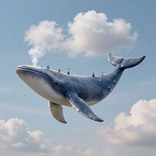 Photorealistic digital art of a massive blue whale soaring in a bright blue sky with fluffy white clouds, tiny people standing on its back. Birds fly