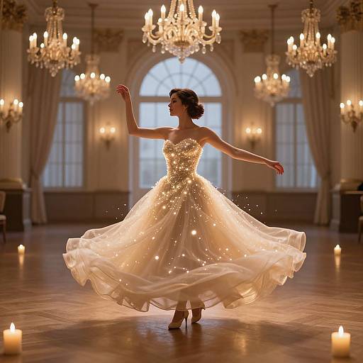 Photograph of a ballerina in a sparkling, gold-embellished white ball gown, dancing gracefully in an elegant, candlelit ballroom