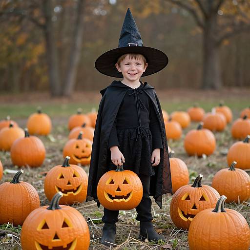 Young boy in black witch costume with hat, holding carved pumpkin, standing in pumpkin patch with numerous carved jack-o'-lanterns. Photograph.