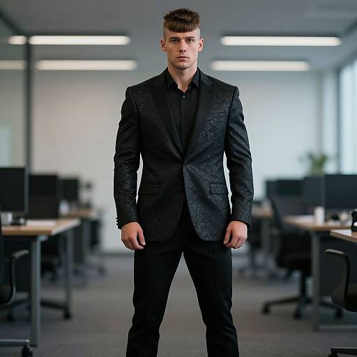 Photograph of a young, handsome Caucasian man with short, styled brown hair, wearing a black textured blazer and black shirt, standing confidently in a