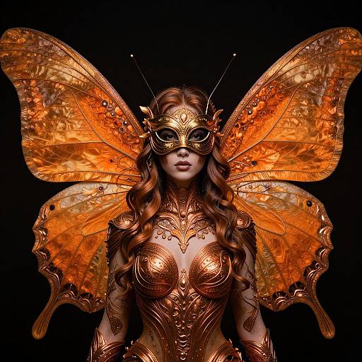 Digital artwork of a fair-skinned woman with long auburn hair, wearing an ornate golden mask and detailed bronze armor, with large, glowing