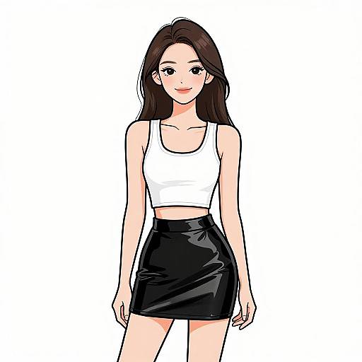 Digital anime-style drawing of a young woman with long brown hair, wearing a white crop top and black leather skirt, standing against a white background.