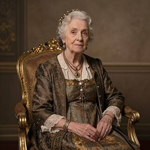Elderly Woman in Vintage Attire on Ornate Chair
