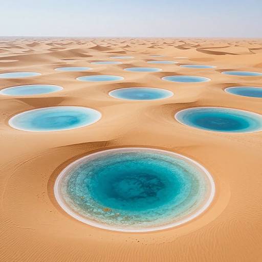 Photograph of a desert landscape with circular blue waterholes embedded in golden sand dunes under a clear blue sky.