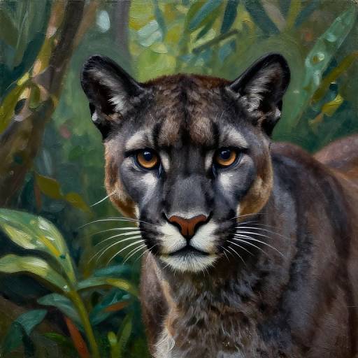 Digital painting of a pumas face in a lush jungle, featuring detailed fur texture, piercing orange eyes, and dense green foliage background.
