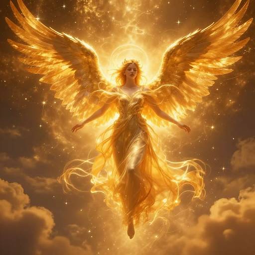 Digital artwork of a radiant, golden-winged angel with flowing, fiery dress, surrounded by bright flames and glowing clouds, floating in a starry sky
