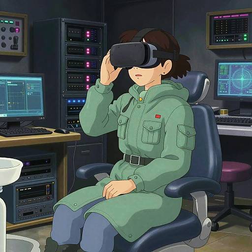 Digital anime-style drawing: Woman in green military jacket, black pants, and VR headset sits in dark control room with multiple monitors and equipment.
