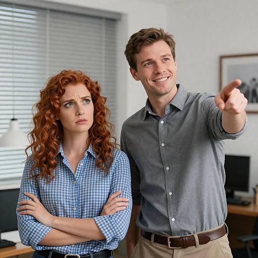 Man Pointing in Office with Annoyed Woman