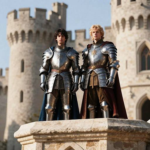 Photograph of two armored knights, one with dark hair, one blond, standing on a stone pedestal before a medieval castle. Bright sunlight highlights their shiny