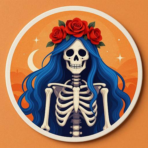 Digital illustration of a skeletal woman with long blue hair, red rose crown, against an orange circular background with a crescent moon.