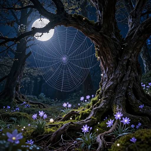 Moonlit forest with a glowing spiderweb on a twisted, moss-covered tree, surrounded by purple flowers and soft, twinkling lights.