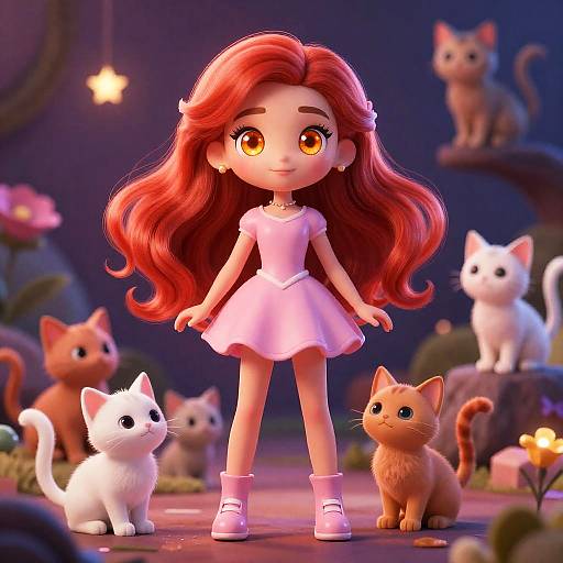 Whimsical Coral-Haired Fairy With Kittens
