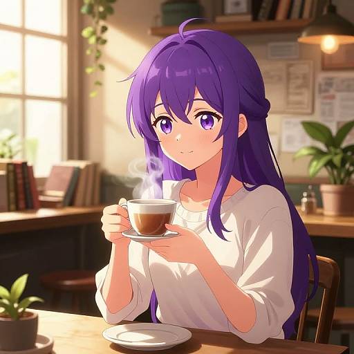 Anime-style digital drawing of a purple-haired girl with large purple eyes, wearing a white shirt, holding a steaming cup of coffee in a sunlit