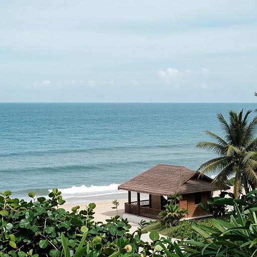 Photograph of a small wooden beach hut with a shingled roof, surrounded by lush greenery, overlooking a calm, blue ocean under a clear