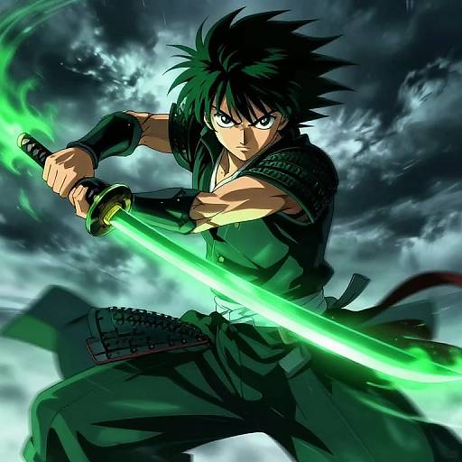 Anime-style digital illustration of a fierce, black-haired male warrior with spiky hair, wielding a glowing green sword, against a stormy sky background.