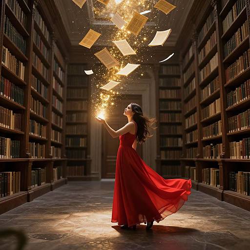 Magical library scene: woman in flowing red dress, long black hair, holding glowing golden books, floating in the air, surrounded by bookshelves