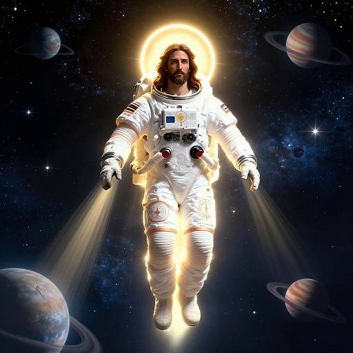 Photograph-style digital artwork of a bearded man with a halo, wearing a glowing white astronaut suit, floating in space with planets and stars in the