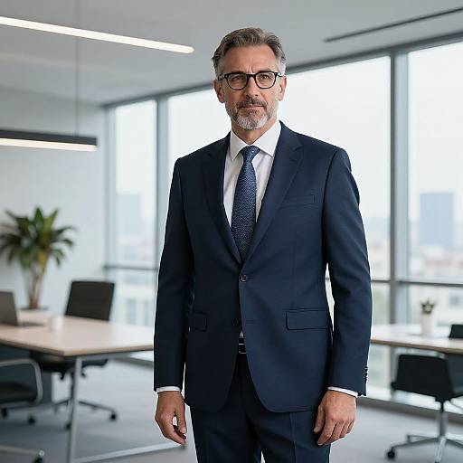 Photograph of a middle-aged man with gray hair, beard, black-rimmed glasses, and a dark blue suit standing in a modern, sun