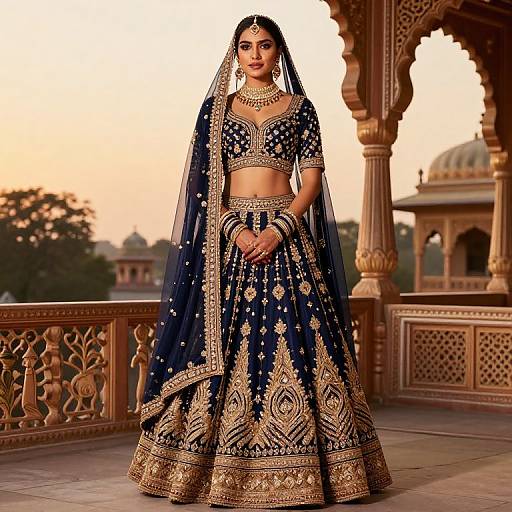 Photograph of a beautiful South Asian woman in an ornate navy blue and gold traditional bridal outfit, standing on a carved stone balcony at sunset.