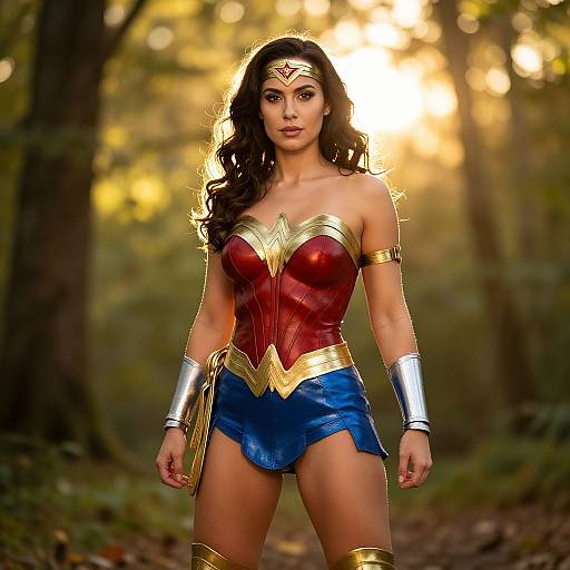 Photograph of a brunette woman with long wavy hair, wearing Wonder Woman's red and gold bustier, blue shorts, silver bracelets, and ti